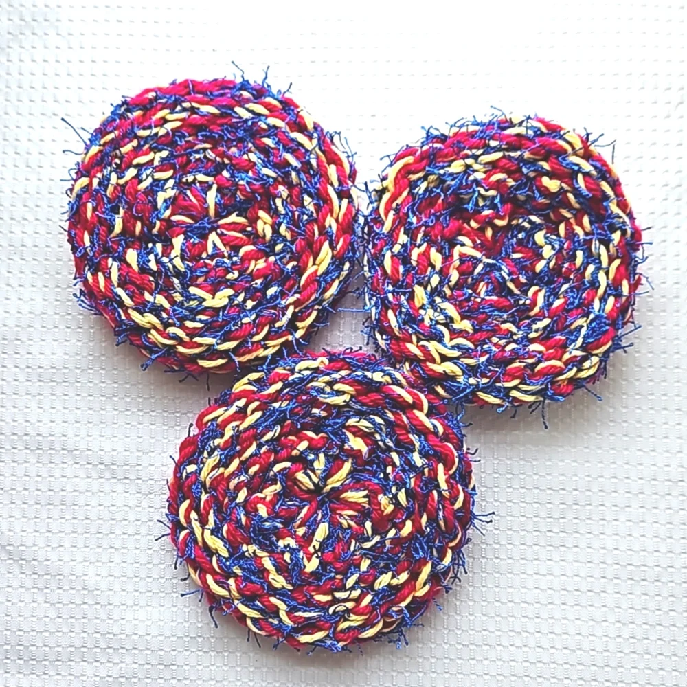 Eco-Friendly Variegated Yarn Kitchen Scrubber Set of 3 Blue Red and Yellow